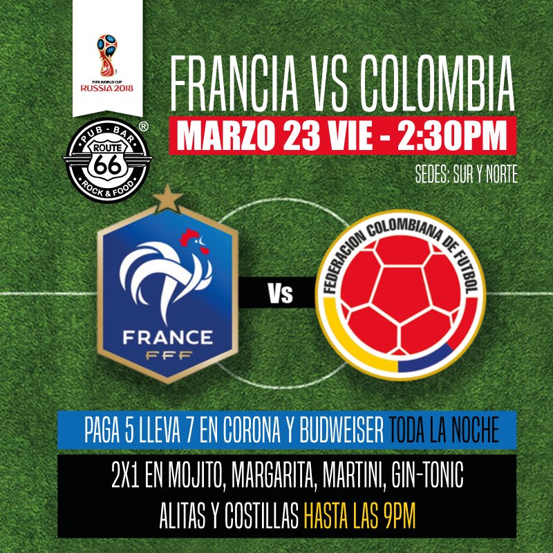 Route66BarCali's tweet photo. Mañana te esperamos para vivir la pasión del fútbol. 🍻⚽️ ¿Cuál será el marcador?

#Fútbol #CaliCo #Route66BarCali #ColombiaVsFrancia #Colombia https://t.co/hvDe0z7qIx
