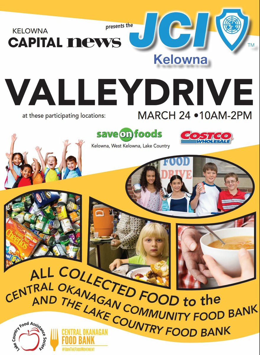 JCICanada's tweet photo. This Saturday a @JCICanada Tri-Chapter event called the #ValleyDrive happening. Members from @JCI_Vernon @JCIKelowna @JCI_Penticton will be collecting donations at the following locations ⤵️ help re-stock Oakanagan Food Bank shelves. https://t.co/lrJx87hdnx