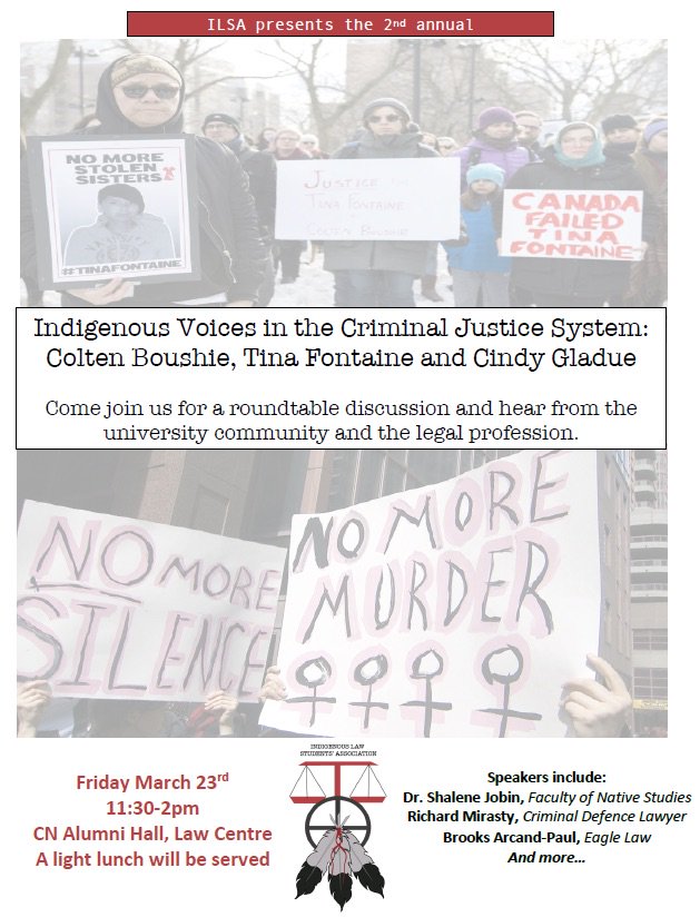 Don't miss the 2nd annual #IndigenousVoices event hosted by the #IndigenousLawStudentsAssociation @UAlbertaLaw - Friday March 23, 11:30-2pm @UAlberta #UAlberta #yeg #ILSA #JusticeforCindy #JusticeForTina #JusticeForColten