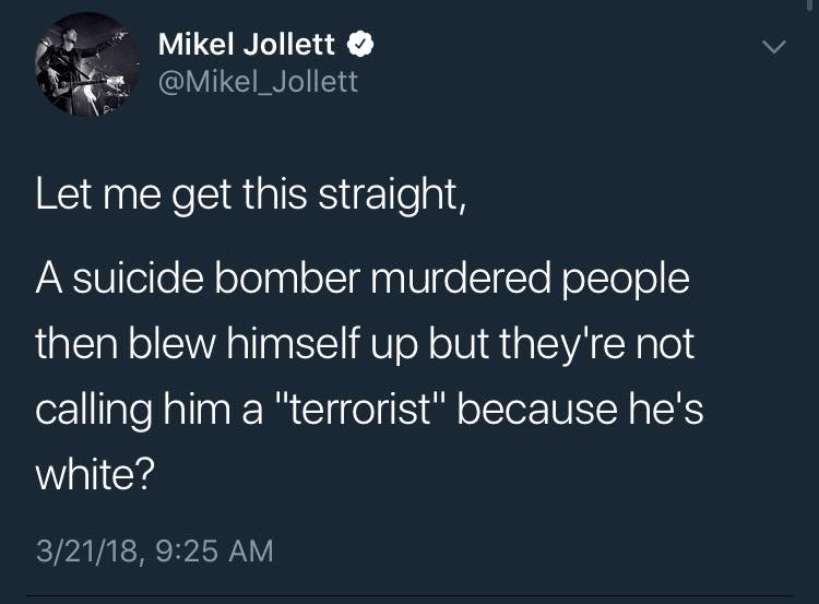 #DomesticTerrorism #AustinBombings #AustinSerialBomber #AustinExplosions 
#MarkanthonyConditt ‘Challenged young man’ or ‘terrorist’? WTF  Meanwhile,
#StephenClark shot 20 times by police while holding only a cellphone
#justiceforall #Blacklivesmatter #Enoughisenough