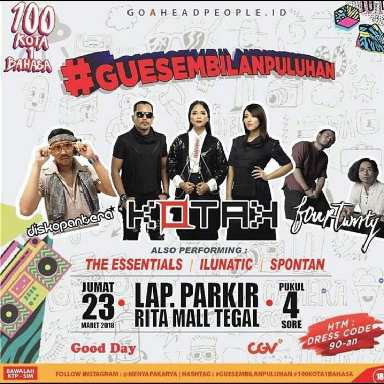 Kerabat Kotak di Tegal siapkan energimu buat senang2 di Lap. Rita Mall nanti malam yaaaa ! \m/ #KotakMasihAda #guesembilanpuluhan