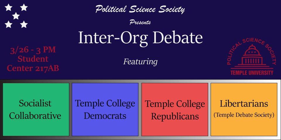 Templepssoc's tweet photo. If you liked tonight’s #TSGDebate2018, then you’ll love our Inter-Org Debate which brings together political orgs from across campus to debate current issues!
See more here⬇️: https://t.co/NQklPvDLjs