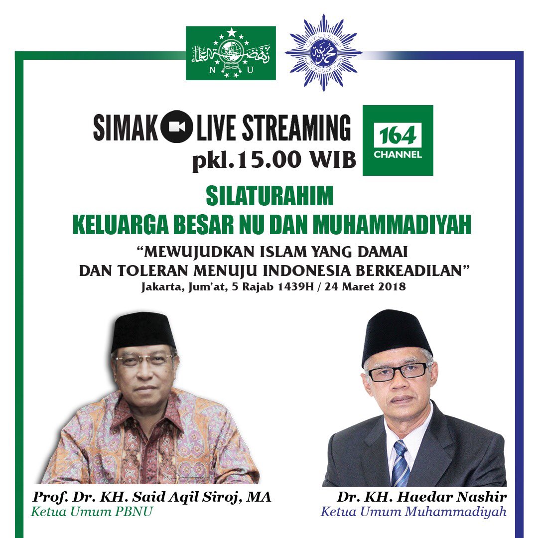 nahdlatululama's tweet photo. Sore ini, PBNU dan @muhammadiyah akan menghelat silaturrahim kebangsaan bertema “Mewujudkan Islam yang Damai dan Toleran Menuju Indonesia Berkeadilan” cc Kiai @saidaqil dan Bapak @HaedarNs https://t.co/eX8TUadVua