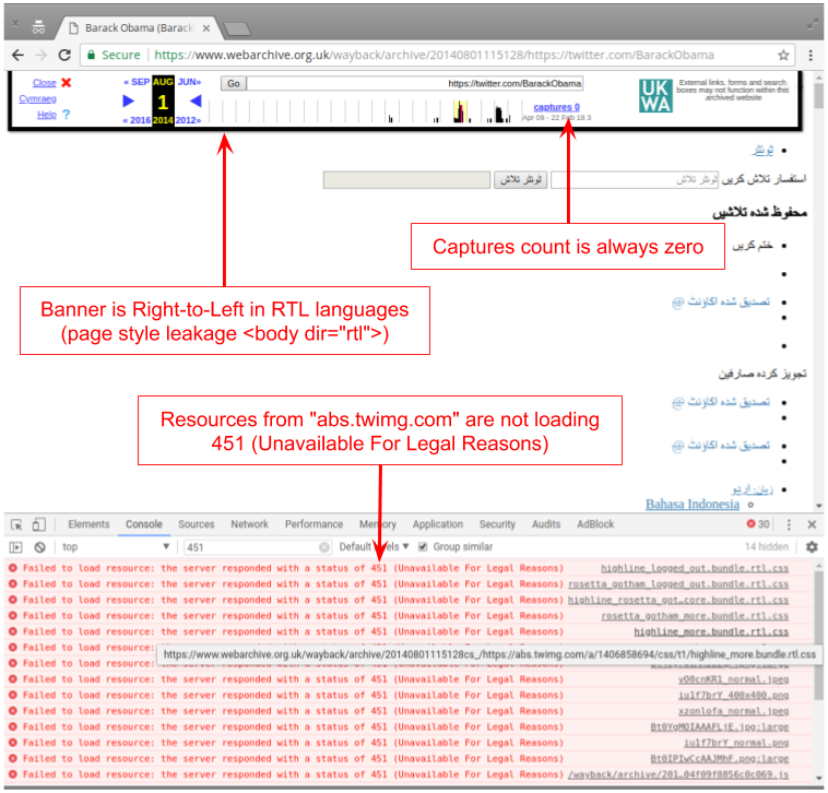 ibnesayeed's tweet photo. Three #Memento #ArchivalReplay issues in @UKWebArchive

1. Page style (such as #RTL direction) leaks into the banner
2. Captures count is always #ZERO
3. Archived resources (CSS/JS/IMG) from https://t.co/nOinwnnBWg return #HTTP451, breaking @Twitter pages

https://t.co/o1fI9HZQeh https://t.co/Izr9NGzA9r
