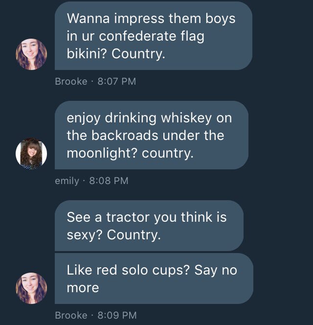 smkblaine's tweet photo. I’m not afraid to say I like country music bc I honestly listen to everything, but my friends disagree https://t.co/Ns7VyRUGor
