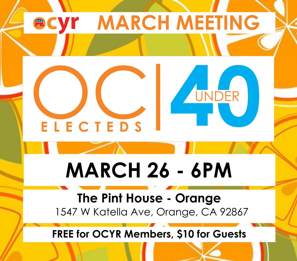 OCYRtweets's tweet photo. Come join us this Monday at 6pm at the Pint House in Orange to hear from βOC Electeds Under 40β! Hear from 6 local electeds, enjoy delicious appetizers, and network with fellow conservative professionals. Free for members and $10 for guests. #ocyr https://t.co/9i3Mg0wHKz