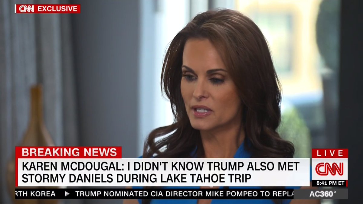 Hold up Only Trump could do this: From Karen McDougal's @AC360 interview just now: He cheated on Karen McDougal with Stormy Daniels the same weekend they both were in Lake Tahoe, while cheating on Melania. ..............