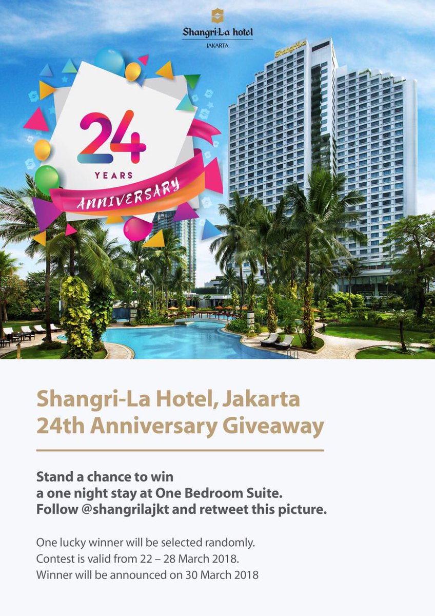 ShangriLaJKT's tweet photo. We’re celebrating our 24th anniversary with a #giveaway. Retweet this picture for a chance to win one night stay at our One Bedroom Suite.

Good luck! 

#shangrilajkt https://t.co/HTTfmzQDjf