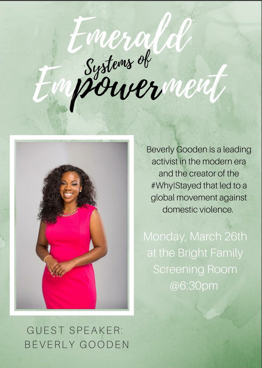 Clear your calendar! <a href="/bevtgooden/">Bev Gooden</a>, creator of #WhyIStayed, will be speaking at <a href="/EmersonCollege/">Emerson College</a> Monday evening as part of #EmeraldEmpowerment week, dedicated to raising awareness about interpersonal violence.