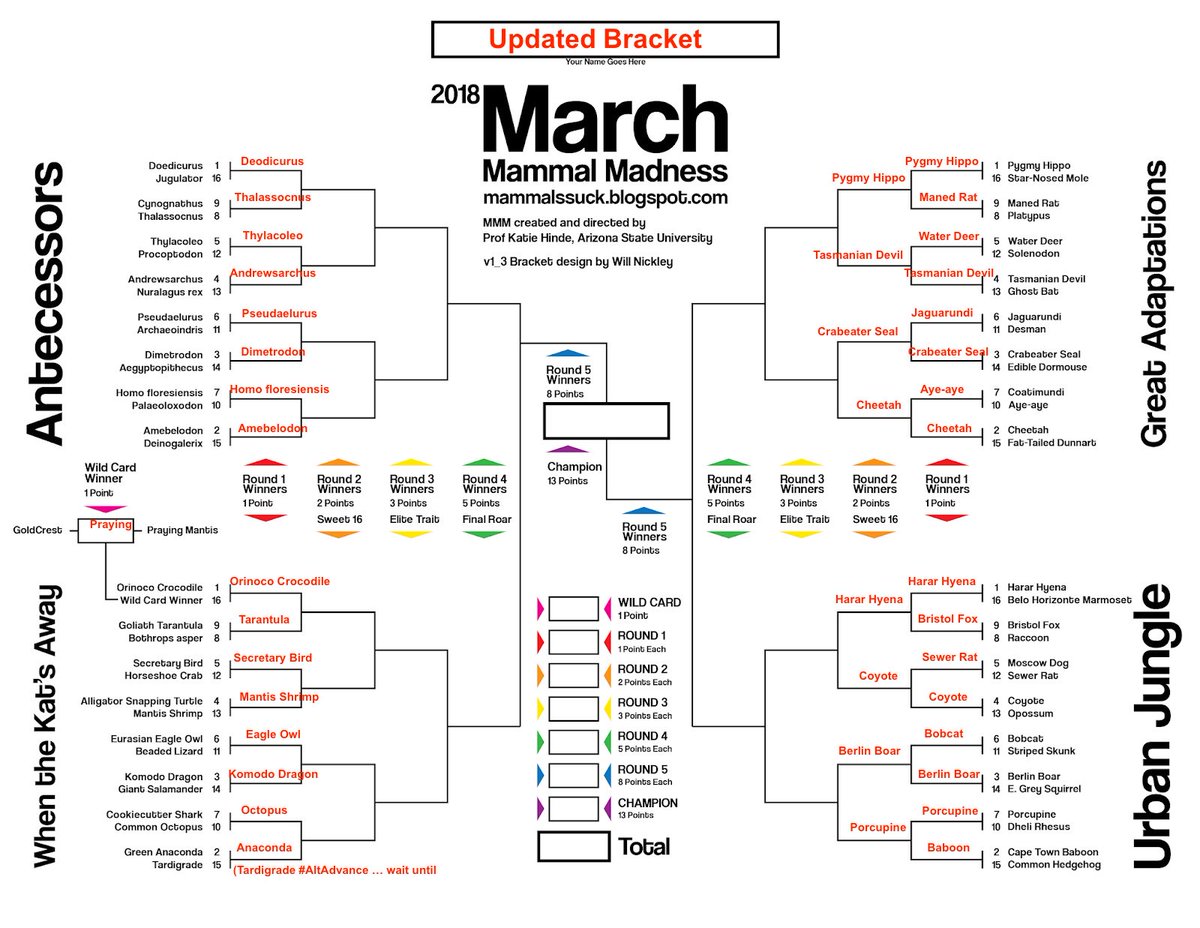 Tonight's #2018MMM Round 2 GA and UJ Winners: Pygmy Hippo, Tasmanian Devil, Crabeater Seal, Cheetah, Harar Hyena, Coyote, Berlin Boar, and Porcupine.

Join us Monday at 8:30 ET for more of Round 2!