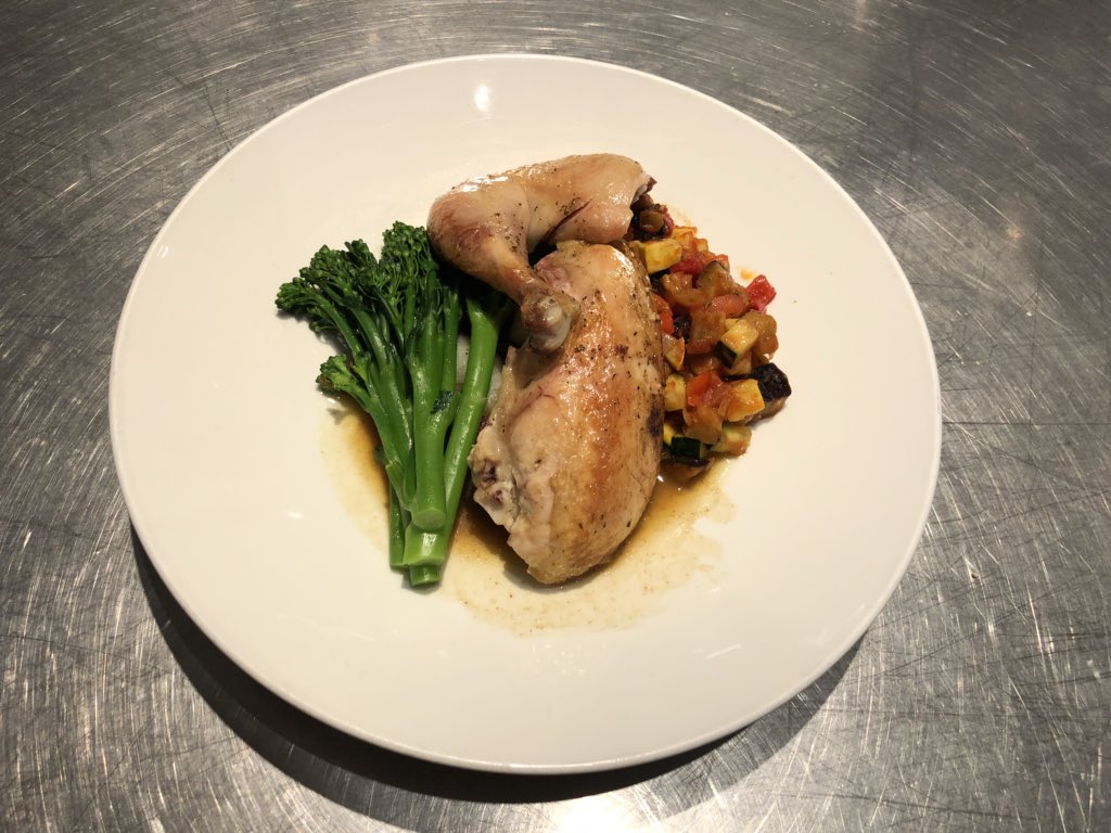 Chef Brien O Brien On Twitter Culinary Fundamentals Day 21 Roasted Chicken With Pan Gravy Roasted Potatoes Broccolini With Butter Ratatouille Note To Self Using A Bowl When Plating A Dish With
