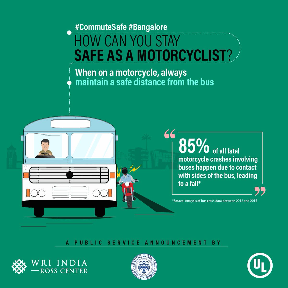 BMTC_BENGALURU's tweet image. When you are riding a motorcycle, always maintain a safe distance from the bus. #CommuteSafe #Bangalore #RoadSafety