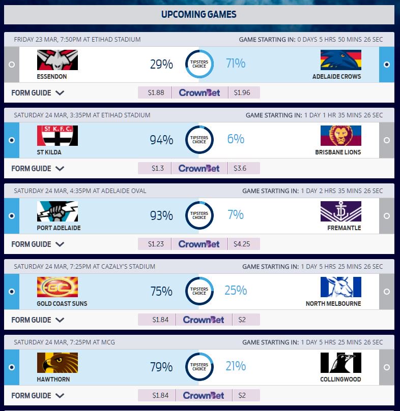 Missed joining Tipping prior to last night's season opener? It's not too late! Sign up now at tipping.afl.com.au

Here's Friday's &amp; Saturday's matches..