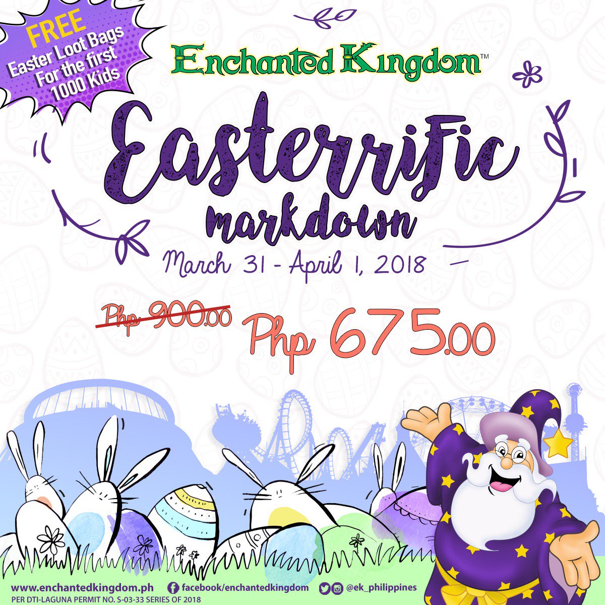 ek_philippines's tweet photo. Have a EASTERrific weEKend here at #EnchantedKingdom and enjoy our special markdown Regular Day Pass rate of ONLY P675!!๐ฐMake it a family getaway and COME EARLY...we'll be giving away FREE Easter loot bags for the first 1,000 kids! #iloveEK #EKPromos https://t.co/WBJb1A0HZS
