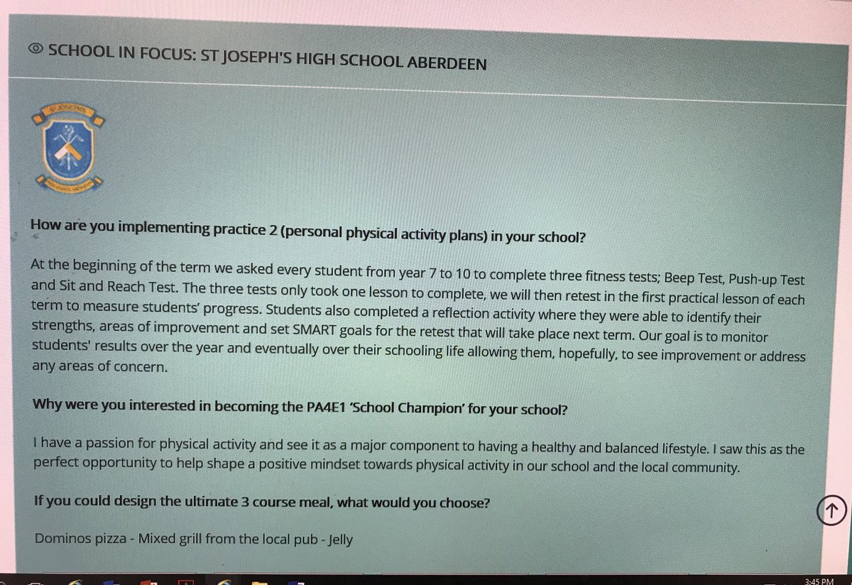 SCHOOL IN FOCUS: St Joseph’s HS Aberdeen are using fitness tests to allow students to track their own progress with meeting their SMART physical activity goals. Check out their great work in PA4E1 Online! <a href="/PA4E1Official/">PA4E1</a> <a href="/HNEHealth/">HNE Health</a>