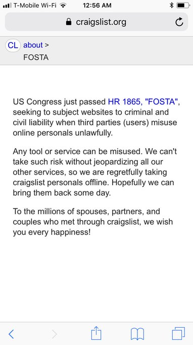 Craigslist entire personals section is gone. This is bad, guys. #FOSTA #SESTA #LetUsSurvive https://t<a href="/tag/sesta"class="tags"><span>#sesta</span></a><a href="/tag/fosta"class="tags"><span>#fosta</span></a><a href="/tag/letussurvive"class="tags"><span>#letussurvive</span></a>