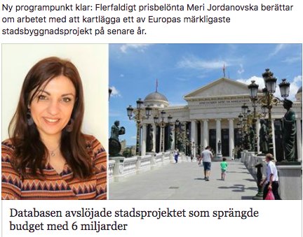 Tips inför Gräv-18! Missa inte Meri Jordanovskas föreläsning om hur hon avslöjade hur ett av Europas märkligaste stadsprojekt spräckte budget med 6 miljarder med hjälp av #datajournalistik <a href="/MeriJordanovska/">MeriJordanovska</a> #gräv18 <a href="/fgj/">fernando</a> <a href="/Gravseminariet/">Grävseminariet</a>