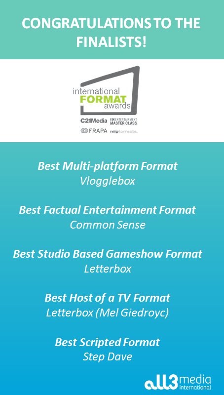 all3media_int's tweet photo. Congratulations to our finalists for the @C21Media International Format Awards! 🎉🎉🎉 #vlogglebox #commonsense @studiolambert #stepdave @southpacificpix  #letterbox #melgiedroyc https://t.co/5U5d1JheH3