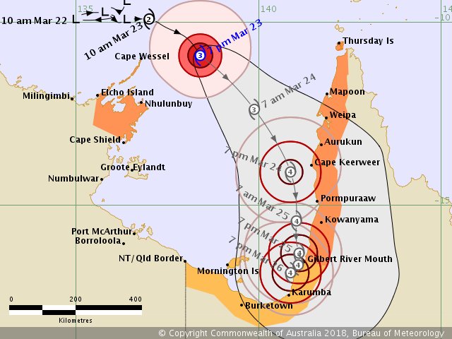 ABCemergency's tweet photo. π Tropical #CycloneNora has intensified to a Category 3 system.
WARNING ZONE: #ElchoIsland to #CapeShield in #NT, and from #GilbertRiverMouth to #ThursdayIsland in #QLD.
For warnings overnight, visit: https://t.co/ASD4iNV5bh #TCNora https://t.co/VmfgWt02z1