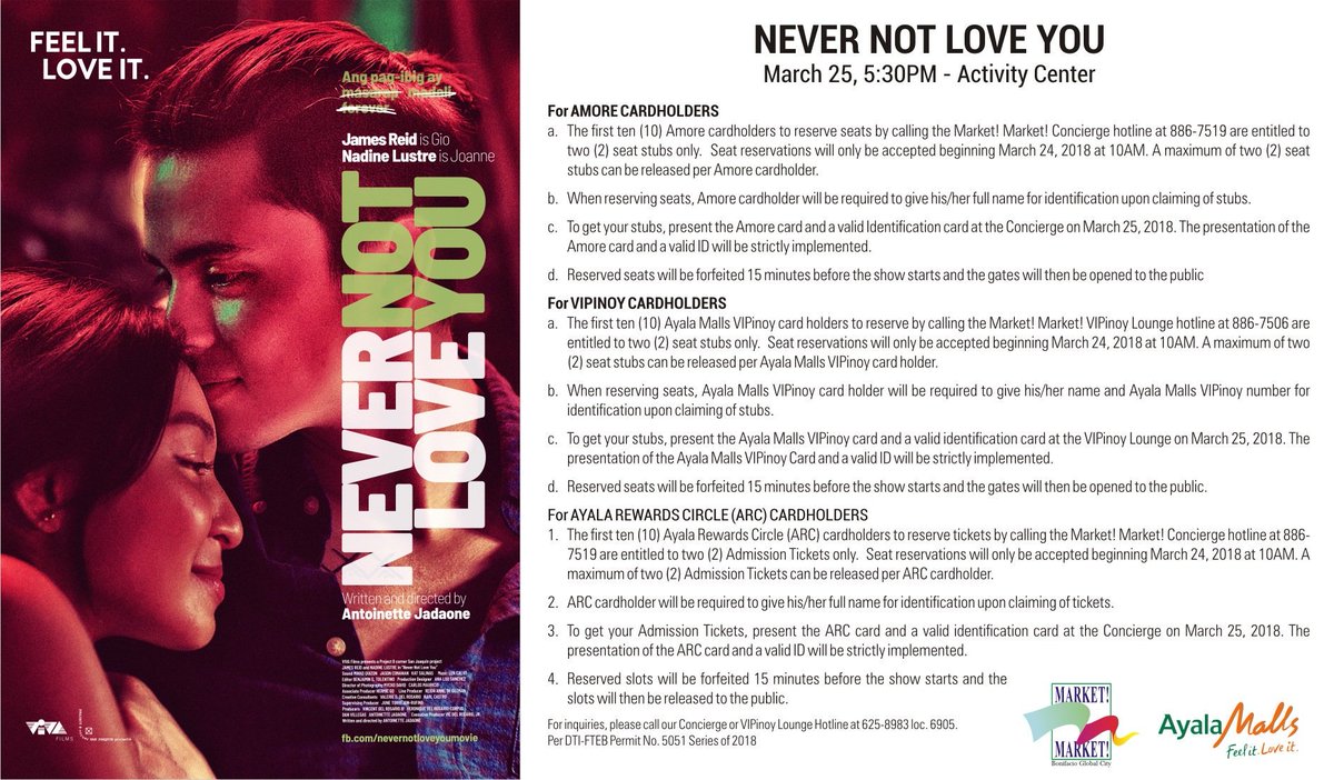 Catch the cast of Never Not Love You on March 25, 5:30pm, here at the Activity Center! Watch JaDine live as they perform special musical numbers for everyone! Here are the MECHANICS on how to get seat stubs to the mall show, also for Amore, VIPinoy and ARC cardholders.