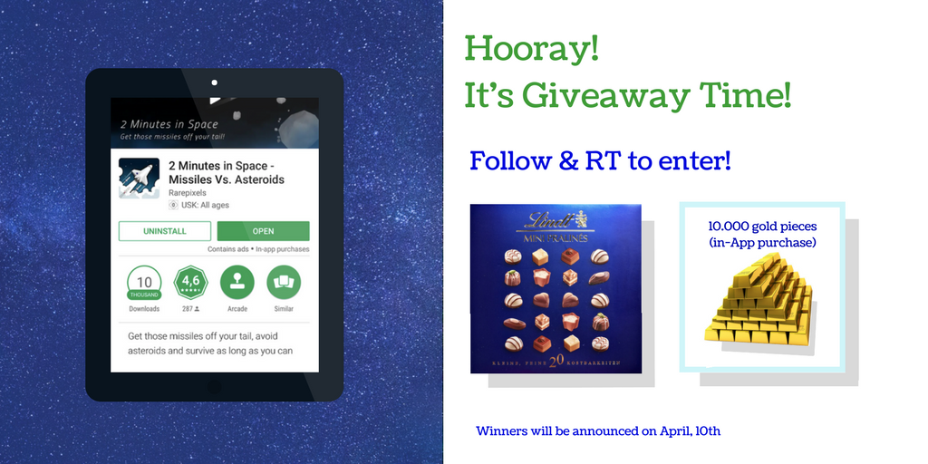 rarepixels's tweet photo. We are giving away a box of sweets 💝 and a package of 10.000 gold pieces (can be used only for in-App purchase in #2MinutesInSpace)
#Follow and #RT this post to enter one of them!

#FreebieFriday #win #freebie #free #giveaway #Present #contest #prizes #FridayFeeling #Friday https://t.co/XKKs0ry5Wu