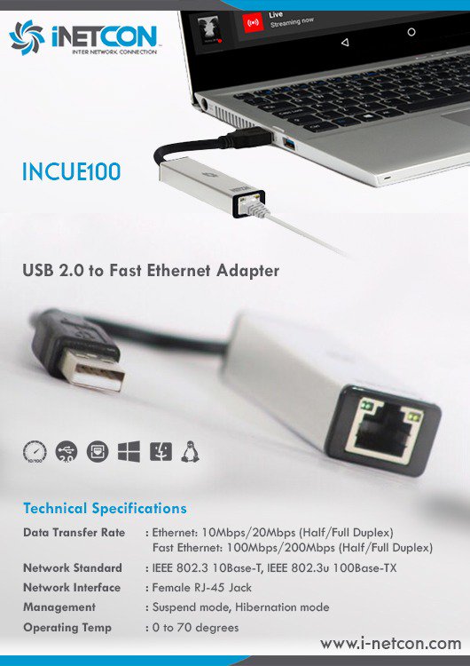 iNetConTech's tweet photo. i-NetCon INCUE100 (USB 2.0 to Ethernet Adapter) helps you to connect
your Laptop/Desktop to the 10/100 Network by using USB 2.0 port.
USB 2.0 Fast Ethernet Adapter order at a reasonable price at i-NetCon.
#inetcon #usb #FastEthernetAdapter #network #Connector #NetworkAdapter https://t.co/rYMIKjWLbP