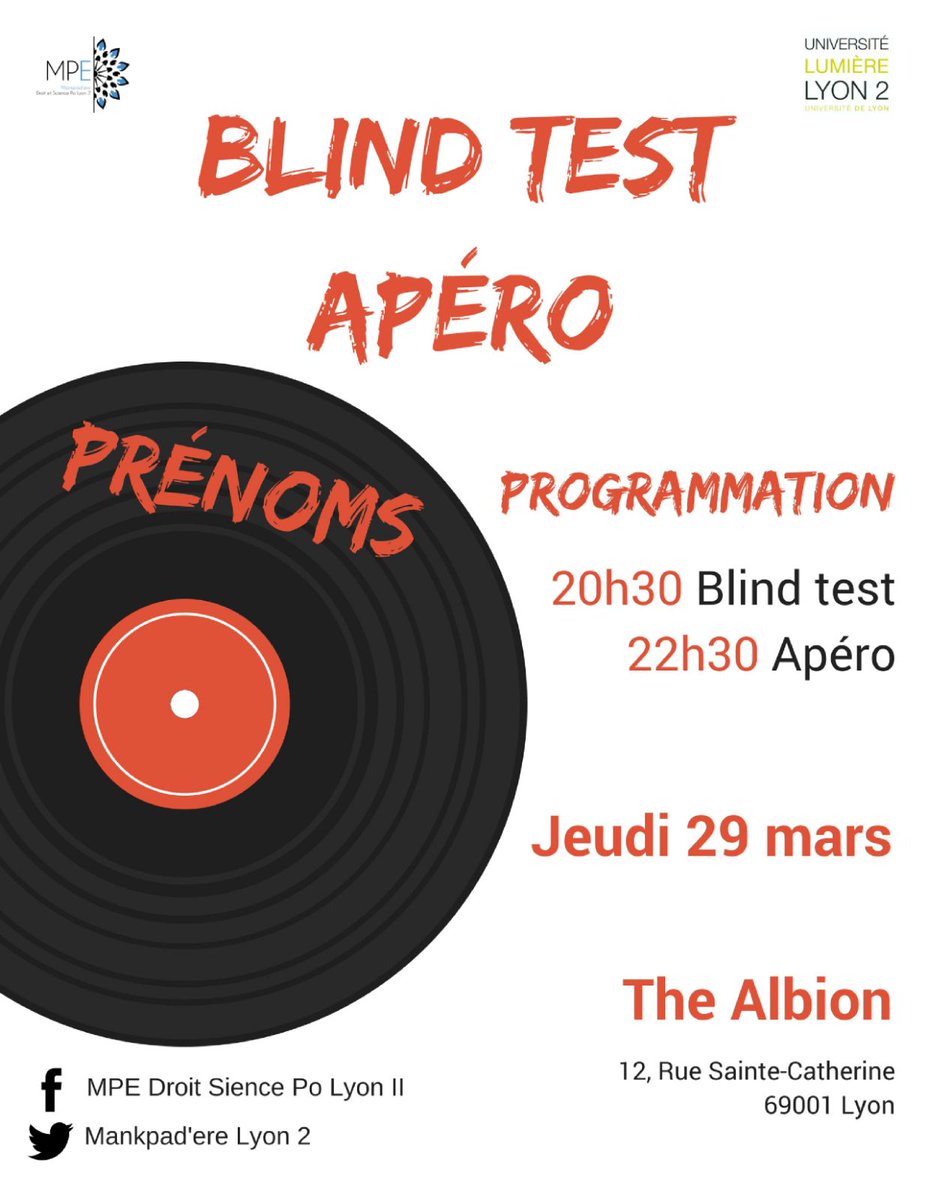 Mankpadere's tweet photo. Quant à nous, on vous donne rendez-vous le jeudi 29 mars à l'Albion pour notre Blind Test spécial prénom 💳🎤👇 https://t.co/0i1rW9HXze