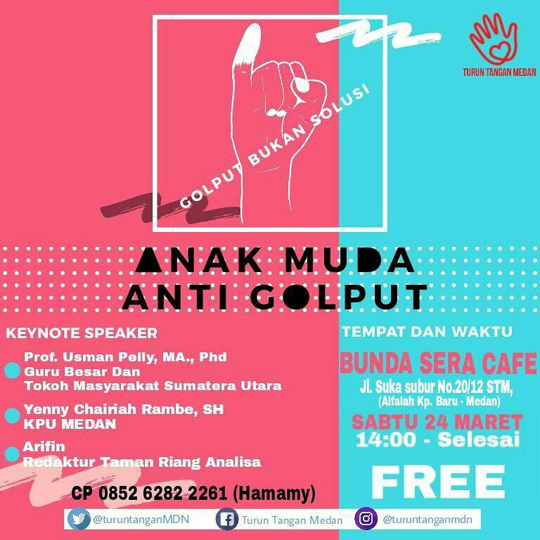 Hallo! Bentar lagi pemilu nih, masih bnyk anak muda yang bingung milih calon pemimpinnya krn ketidaktauan/rasa kecewa dgn yg sebelumnya jadi milih golput. Ini salah dong yah...
So kita mau bahas "Anak Muda Anti Golput" besok di Bunda Sera Cafe. Datang yahh it's FREE!