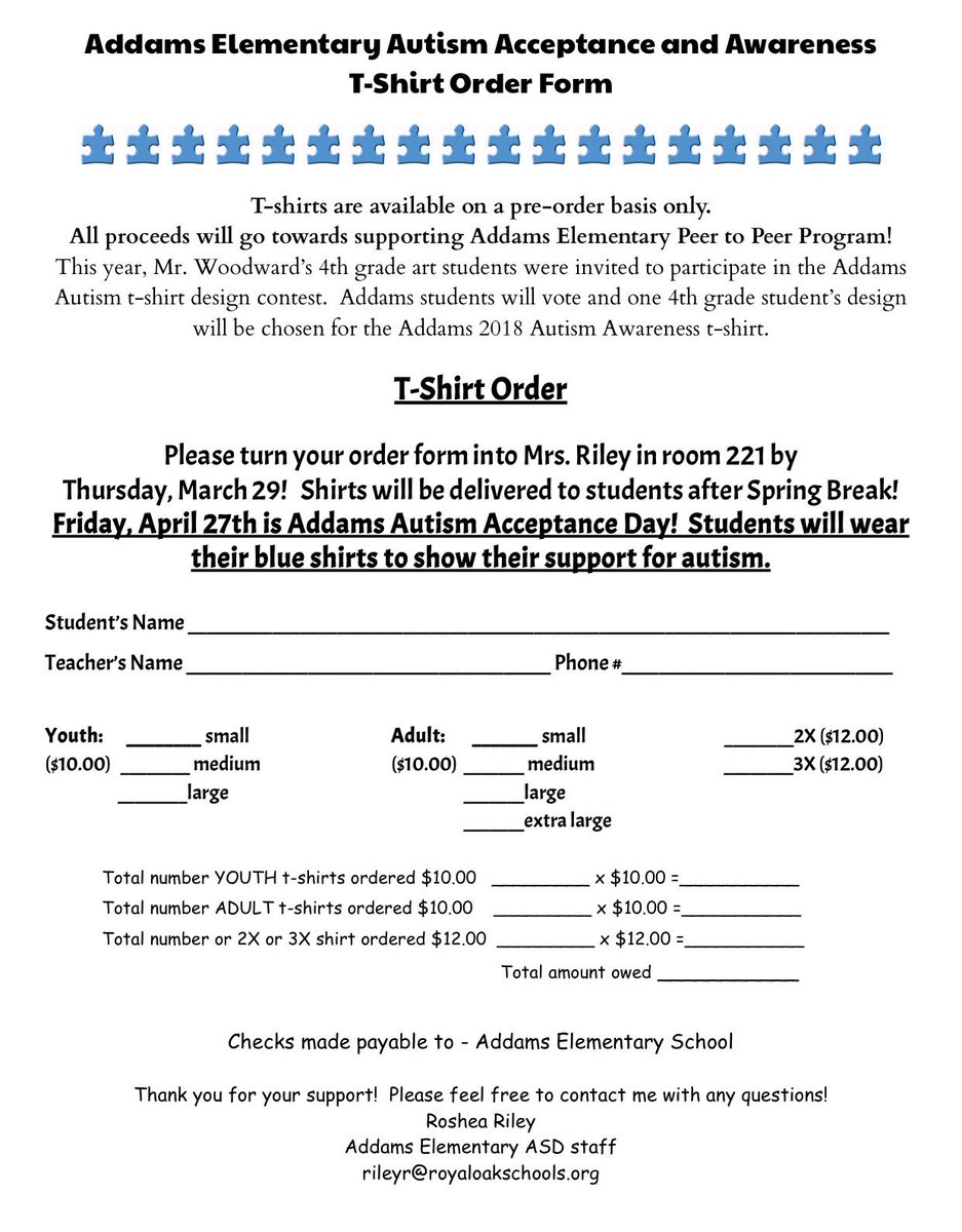 MrsRRiley's tweet photo. See Mrs. Riley in room 221 to order your Addams Autism Acceptance &amp; Awareness Shirt!  ORDERS ARE DUE BY THURSDAY, MARCH 29!  #AddamsLearners @Jyouanes_ADDAMS https://t.co/ridO7KzotR