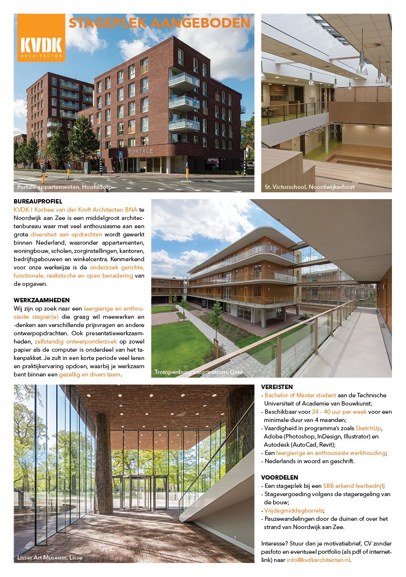 Wij zijn op zoek naar een leergierige en enthousiaste stagiair(e) die graag wil meewerken en -denken aan verschillende prijsvragen en andere ontwerpopdrachten. Interesse? Zie:
architectenweb.nl/vacatures/vaca…
kvdkarchitecten.nl/nl/bureau/vaca…