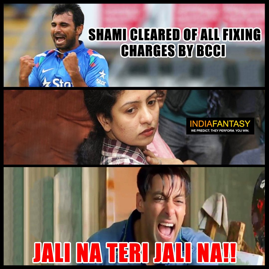 india_fantasy's tweet photo. Shami cleared of all fixing charges
For more follow @india_fantasy 
#IPL #Shami #ShamiControversy #Mshammi #MohammedShami #shamimemes #bcci #shamiclearedcharges #haseenjahan #meme #funnymemes #Shami #HasinJahan #wifeLeft #cheat https://t.co/Sw505bQzv7