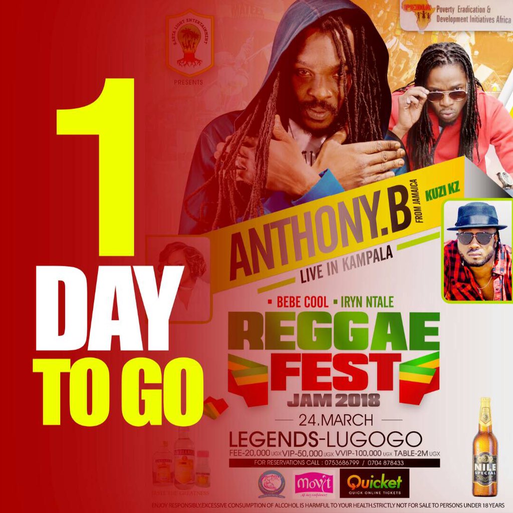 Rasta_Light's tweet photo. #ReggaefestJam18  
Reggae legend Anthony B &amp; his band will be lighting up Kampala  alongside Kuzi kz Alongside uganda's finest artists Bebe Cool , Irene Ntale , DJ Ciza many more 
Legends Lugogo is the place to be on 24th March
Get you tickets online here https://t.co/5XOSKpV8Qm https://t.co/BkmPDoDVV3