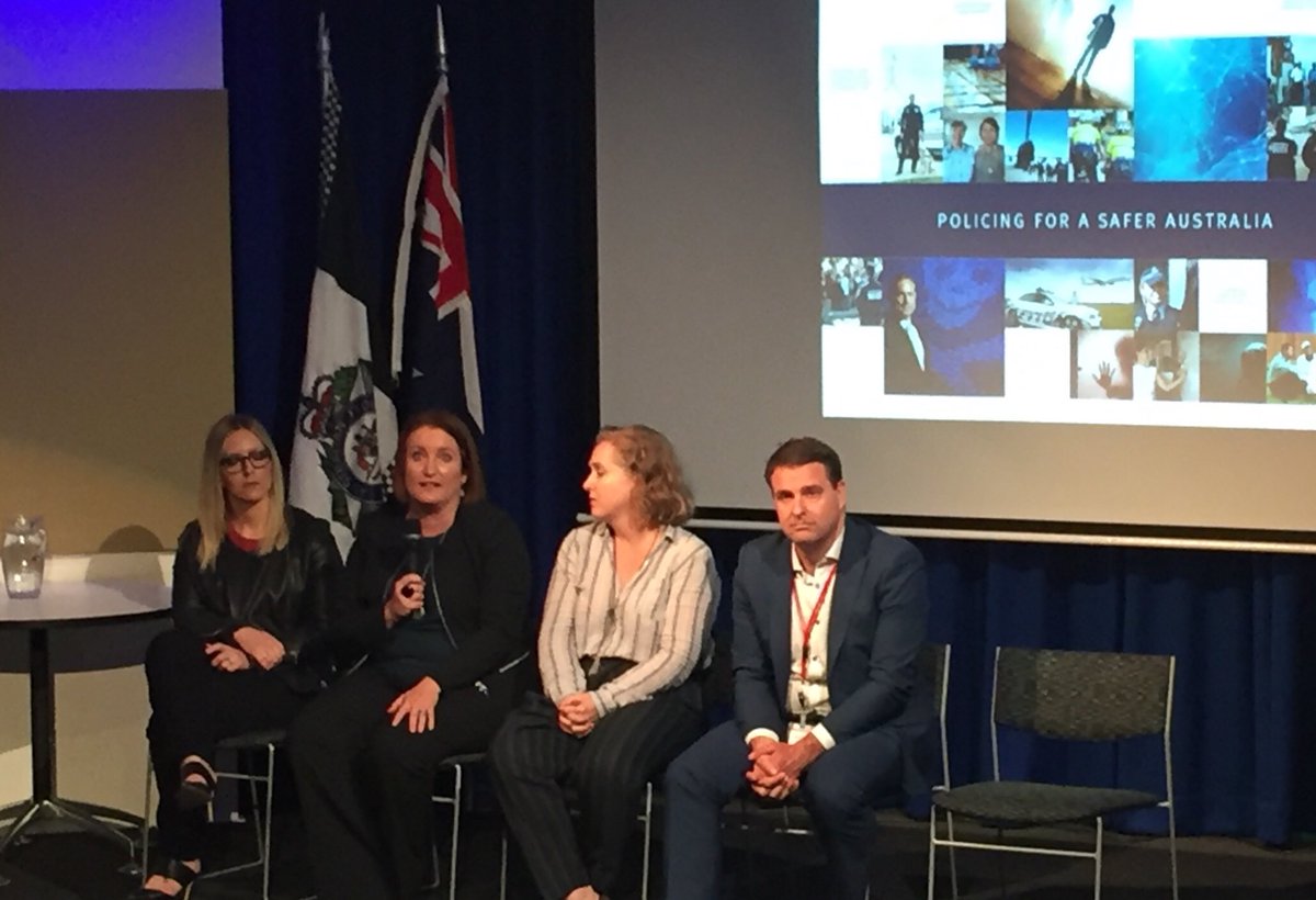 debbie_platz's tweet photo. What a great panel of experts Kara Hinesley from Twitter, Mia Garlick from Facebook, Samantha Yorke from Google and David Masters from Microsoft @AusFedPolice today discussing how we work together investigating crimes on the internet. https://t.co/LqQ3bfwsAZ