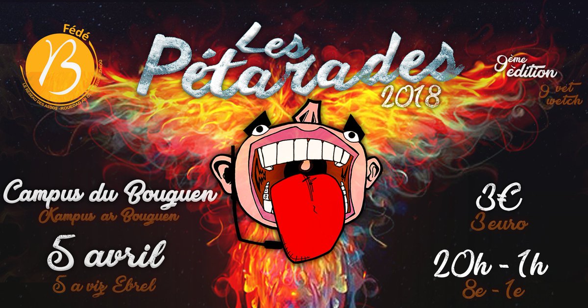 La Fédé B est très heureuse d'annoncer le retour des #Pétarades à Brest ! La nouvelle édition devient malheureusement payante mais à une somme tout à fait abordable et le festival se déplace tout en restant au sein du campus... 
Cc <a href="/UBO_UnivBrest/">UBO - Univ. Brest</a>  <a href="/La_FAGE/">FAGE</a>