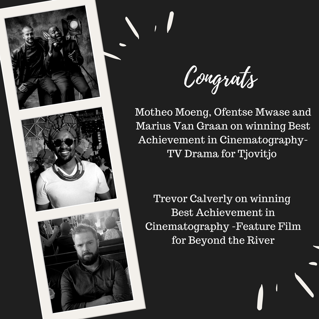 Exposurecrew_tv's tweet photo. Congratulations @Motheomodaguru @unclescrooch and @mariusvangraan for bagging the Best Cinematography award for SABC' s TV drama @TjovitjoTVshow as well as Trevor Calverly for bagging Best Cinematography award for the feature film Beyond the river. #Exposurecrew #Teambest #SAFTAs https://t.co/ePQlz9CVCM