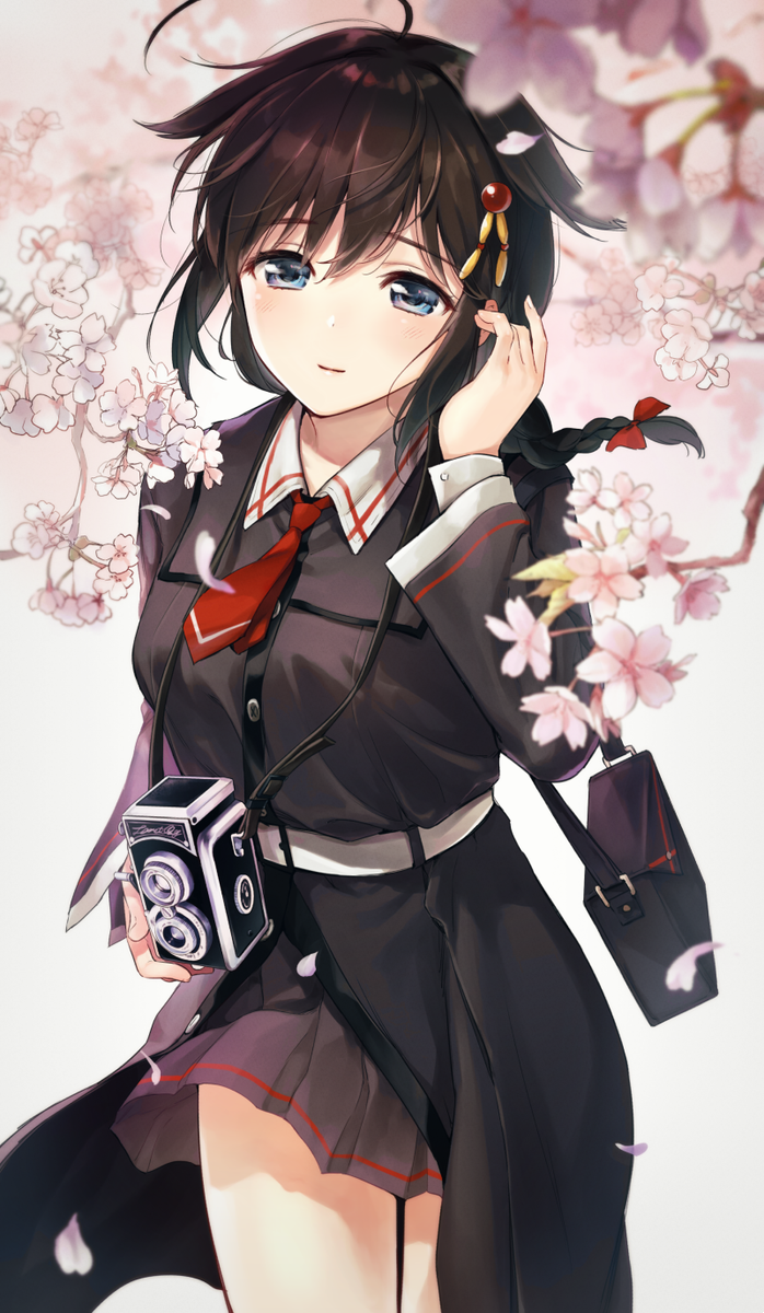 shigure (kancolle) ,shigure kai ni (kancolle) 1girl solo camera braid hair flaps blue eyes ahoge  illustration images