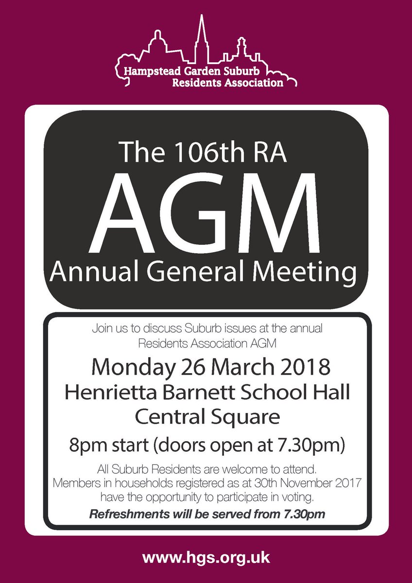hgs_ra's tweet photo. Join us for the 106th HGS Residents Association AGM on Monday, 26th March 2018 at Henrietta Barnett School. Doors open at 7:30pm. https://t.co/584E1ZD0Nj