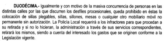 PCMalaga's tweet image. Recordamos la prohibición, por motivos de seguridad, de la colocación de sillas o cualquier mobiliario en recorrido procesional, quedando reflejada esta prohibición en la disposición duodécima del bando de Semana Santa 2018. Enlace al bando bit.ly/2py00em