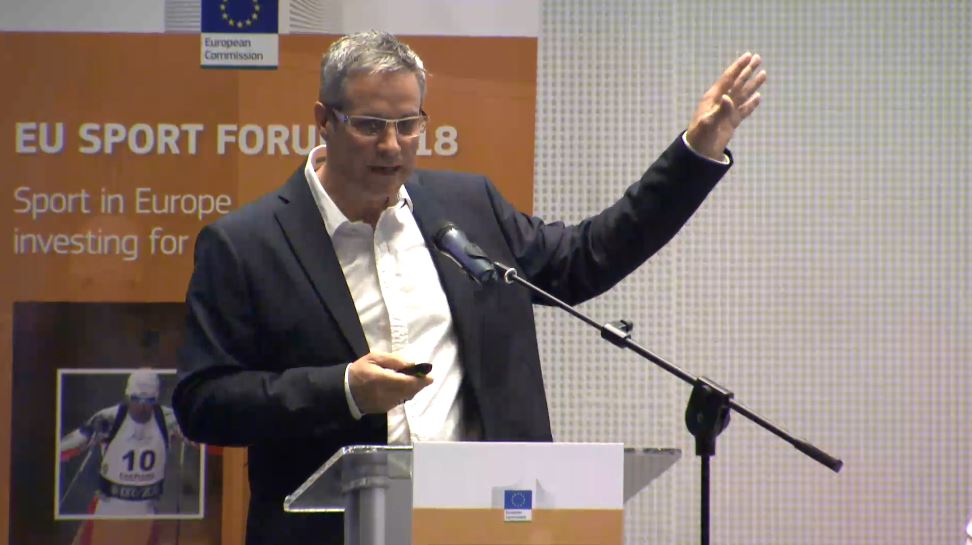 EuSport's tweet photo. #ThomasWiesel @adidas at #EUSportForum shares ideas on how innovations and digital products can increase the quality of #PhysicalActivity of young/adult '#sport consumers' at home, at work, in the city, etc. https://t.co/RPq5I1IwOZ