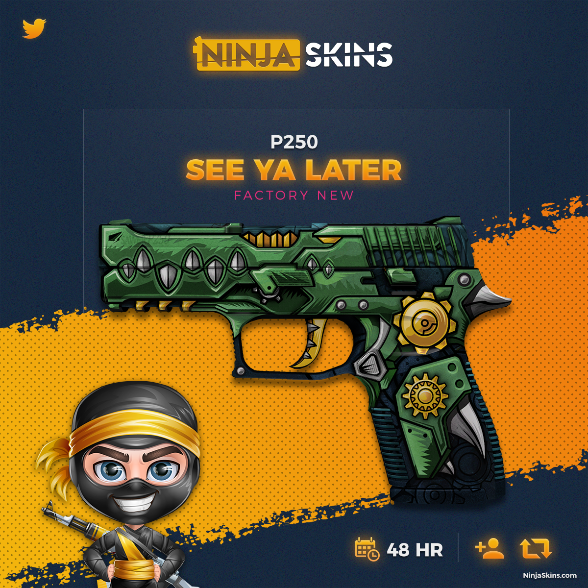 🔥 P250 SEE YA LATER (FN) #Giveaway:

▪️ Follow @NinjaSkins
▪️ RT+Tag Friends
▪️ Visit NinjaSkins.com              

🏆Winner in 48hrs 🏆