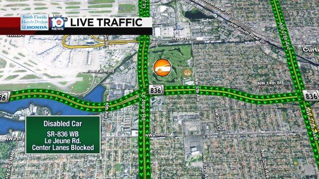 DISABLED CAR: SR-836 WB & Le Jeune Rd. Center lanes are blocked. #TRAFFIC #MIAMI https://t.co/oCk1xKIXtS