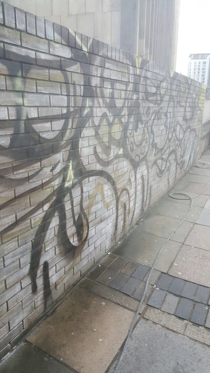 DawsonStoneM's tweet photo. Early morning Doff cleaning to some graffiti in the center of Cardiff, Great results at 150 degrees with no harm to the brickwork. #DoffClean https://t.co/xNfbd7OZ2j