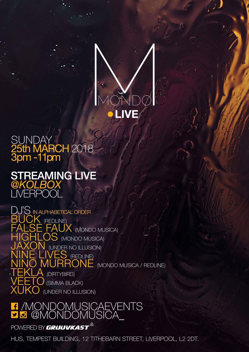 ***MONDO LIVE***
<a href="/mondomusica__/">Mondo</a> 

Streaming live from KOL BOX (<a href="/husliverpool/">husliverpool</a>)

***FREE PARTY***

This Sunday 25th March 
3pm - 11pm

DJs
@itsbuckmusic 
<a href="/highlos_/">Highlos</a>
<a href="/SoundsofJaxon/">Jaxon</a>
<a href="/Nin9Lives_/">Nine Lives</a>
<a href="/NinoMurrone/">Nino Murrone</a>
@TEKLATRAX
<a href="/Veeto_Music/">Veeto</a>

#Liverpool