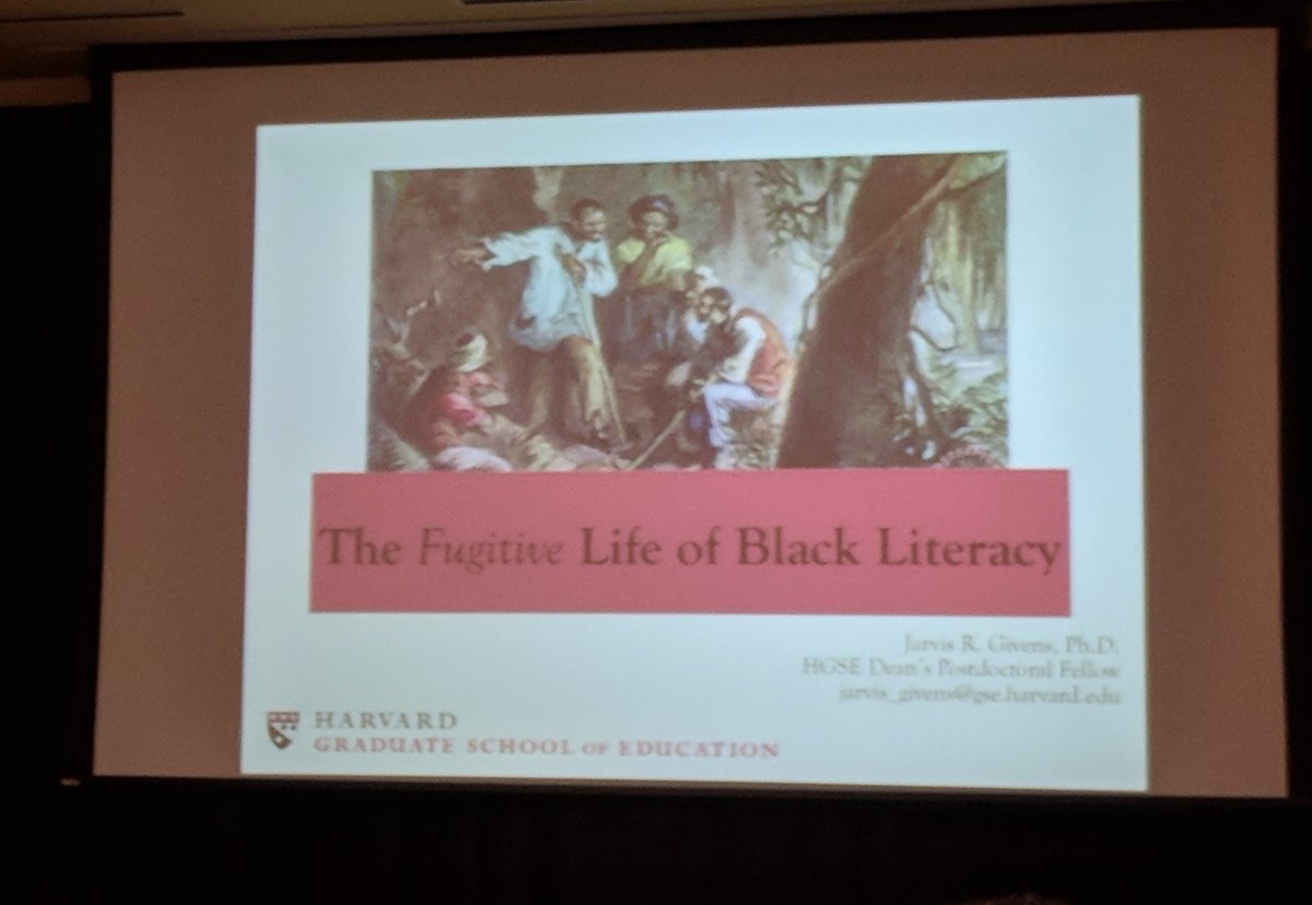 sujeilugo's tweet photo. Keynote by Dr. Jarvis R. Givens: The Fugitive Life of Black Literacy. "Black literacy has always been fugitive. It's a group activity, activity of escape". "A literate enslaved person was a fugitive enslaved person, because they were running away with themselves" #litislib2018 https://t.co/M2EQwy9EAn