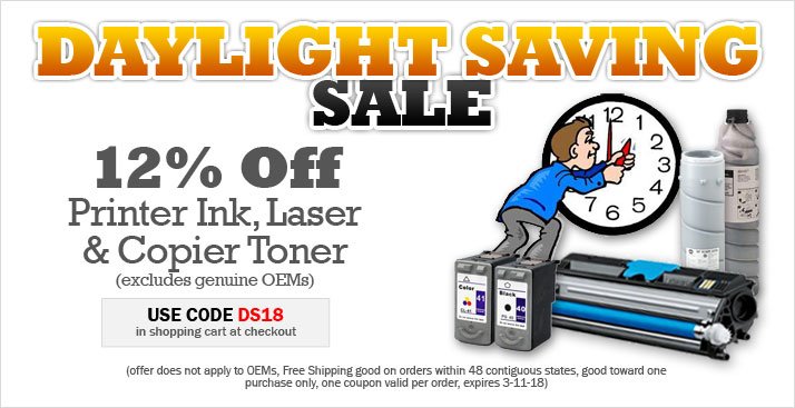 PrintInk4Less's tweet image. Save More on Ink &amp;amp; Toner During Our Daylight Saving Sale at #Ink4Less! Take 12% off compatible and remanufactured #Ink and #Toner (excl OEMs). Use DS18 in cart at checkout. Exp 3/11/18. Shop now for the lowest prices and free shipping over $49 at ink4less.com.