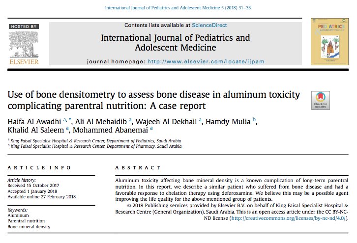 IJPAM's tweet image. Use of #bone #densitometry to assess bone disease in aluminum toxicity complicating parentral #nutrition: A case report
Author links open overlay panel #CaseReport #IJPAM goo.gl/fLP7Tv