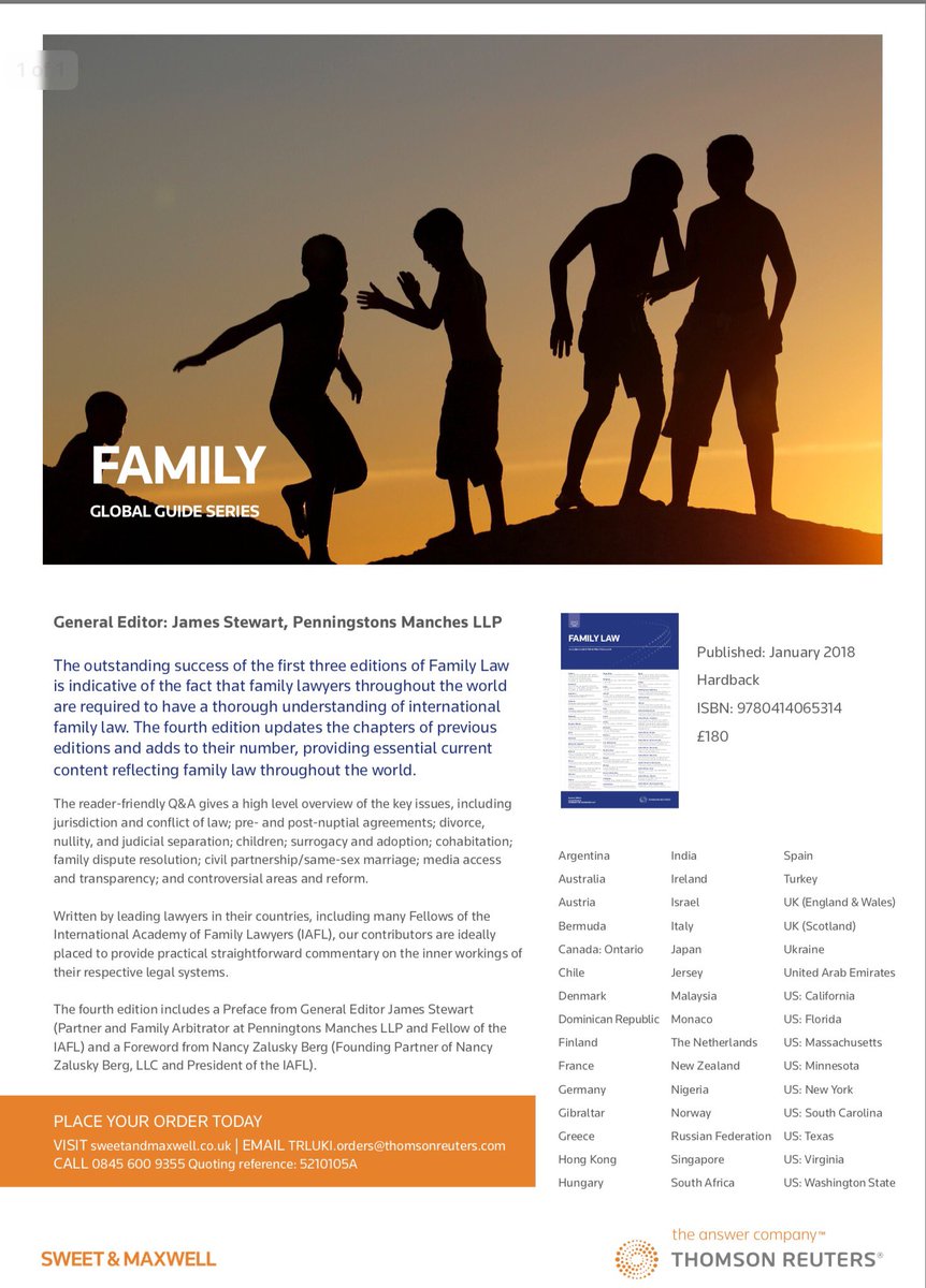 IAFL_FamLaw's tweet photo. Pleased to announce that the 4th Edition of the Blue Book, #FamilyLaw  A Global Guide, has now been published by @thomsonreuters @PracLawFamily Congratulations to @JamesStewartEC2 and to all #IAFL Fellows who contributed to this brilliant guide to international family law. https://t.co/zpyQ6Y9Jrk