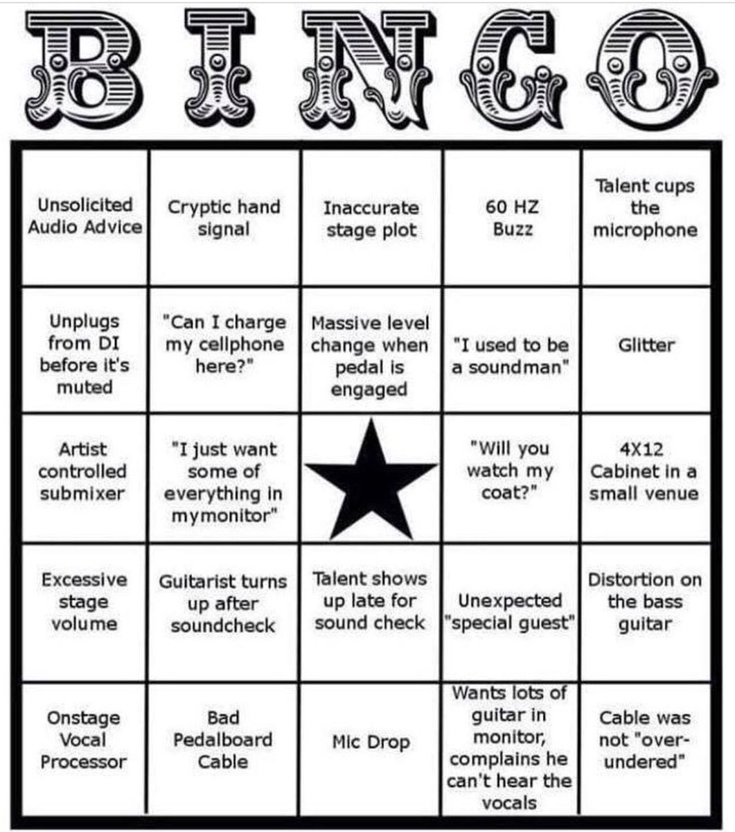 WorshipSoundGuy's tweet photo. Live. Sound. Bingo. 😂😂😂
Who can fill in the most spaces today?? #livesound #foh #geartalk #geartalkpnw #worshipsoundguy #worshipleader #worshipleaderprobs https://t.co/Zo2b81SnX0