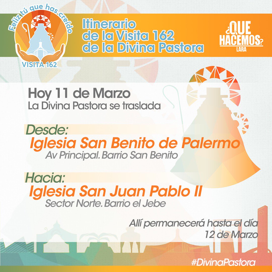 Hoy 11/03 la Divina Pastora se traslada 
.
desde la Iglesia San Benito de Palermo en la Av Principal. Barrio San Benito.

.
Hacia la Iglesia  San Juan Pablo II... Sector Norte. Barrio el Jebe.

.

Allí permanecerá hasta el día 12/03 
#QueHacemosLara #DivinaPastora