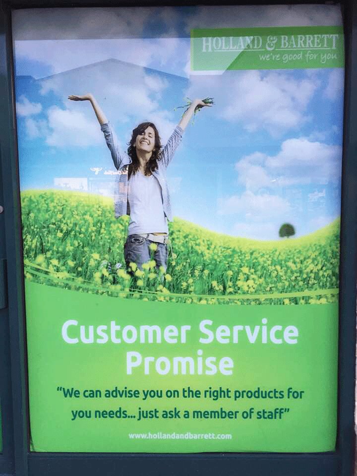 CopyGB's tweet photo. Good copywriters will help you avoid embarrassing mistakes. A couple of months ago, we went shopping in Lancashire. Can you spot what is wrong with this poster in the window of Holland &amp; Barrett in Fleetwood? #marketingtips #advertisement https://t.co/VYdJuLmbaK